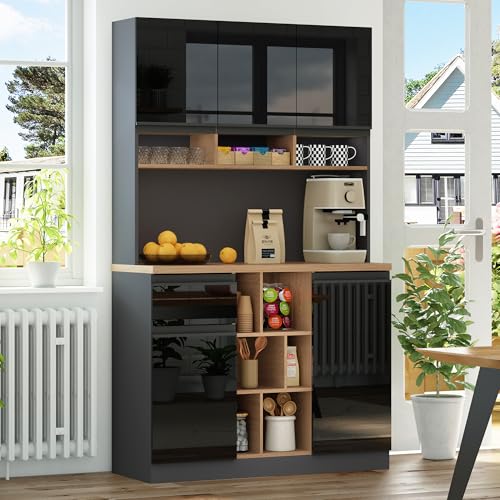 Goldicoo Armario alto de cocina, 105 x 45 x 185 cm, antracita y negro brillante, MDF, con cajones y estantes ajustables, para cocina, salón, dormitorio
