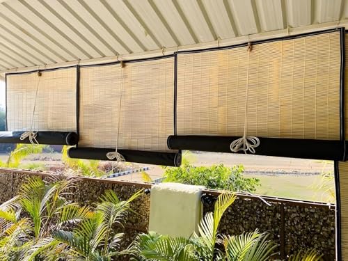 Image of BambooAura Natural Bamboo Roll-Up Window Shade Blind | Light Filtering Bamboo Chick Curtain | Eco-Friendly Sun Protection (4ft x 7ft - W x H) (Natural Beige With Dark Green Border, (4ft x10ft -W x H))