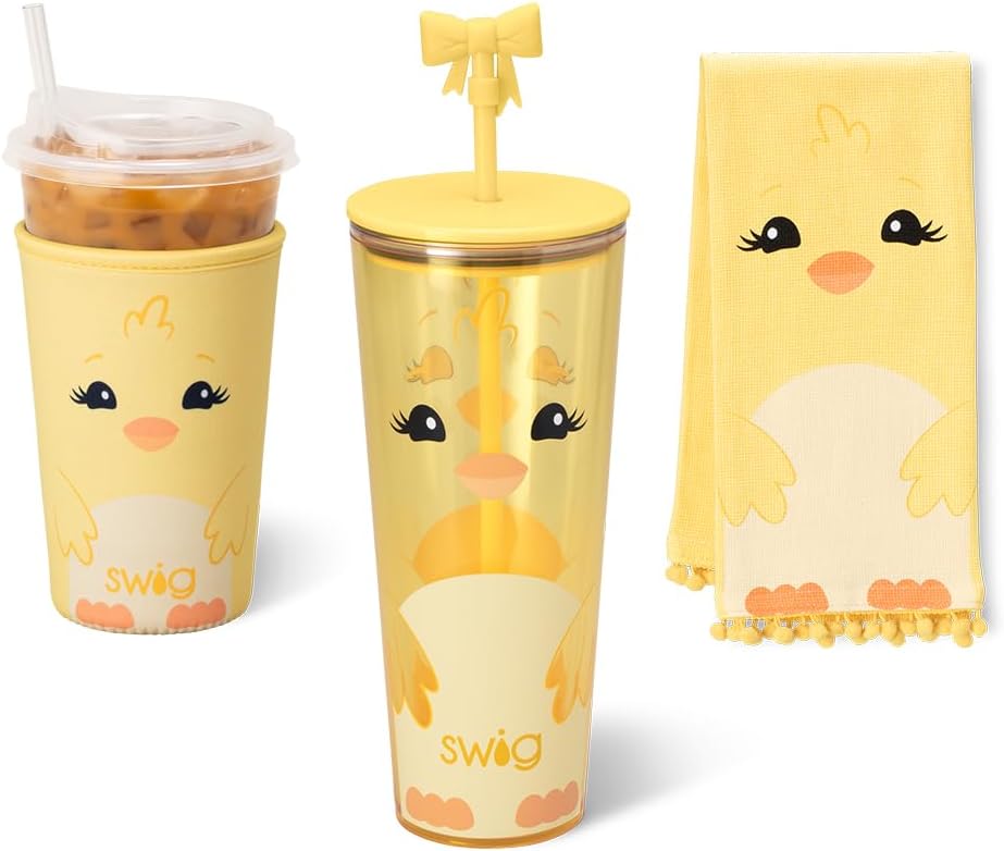 Swig Life Spring Chick Gift Bundle, 24oz Reusable Plastic Tumbler with Straw and Lid, Neoprene Iced Cup Sleeve and Cotton Tea Towel, Matching Drinkware & Entertaining Gift Set