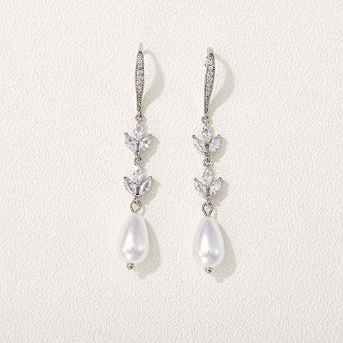 Sweetv Pearl Drop Earrings For Wedding Bridal -Marquise Teardrop Cubic Zirconia Dangle Earrings For Women, Bridesmaids, Brides (01.Silver) #TOP6
