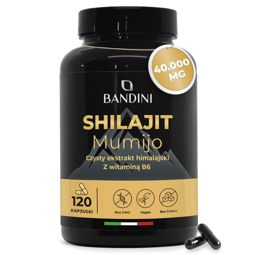Bandini® Mumijo Shilajit 40.000mg 120 kapsułek, oryginalny z Himalajów, bogaty w 85 minerałów, z 80% kwasem fulwowym i witaminą B6, ponad 85 pierwiastków śladowych, wegański, 1000 mg na dzienną dawkę