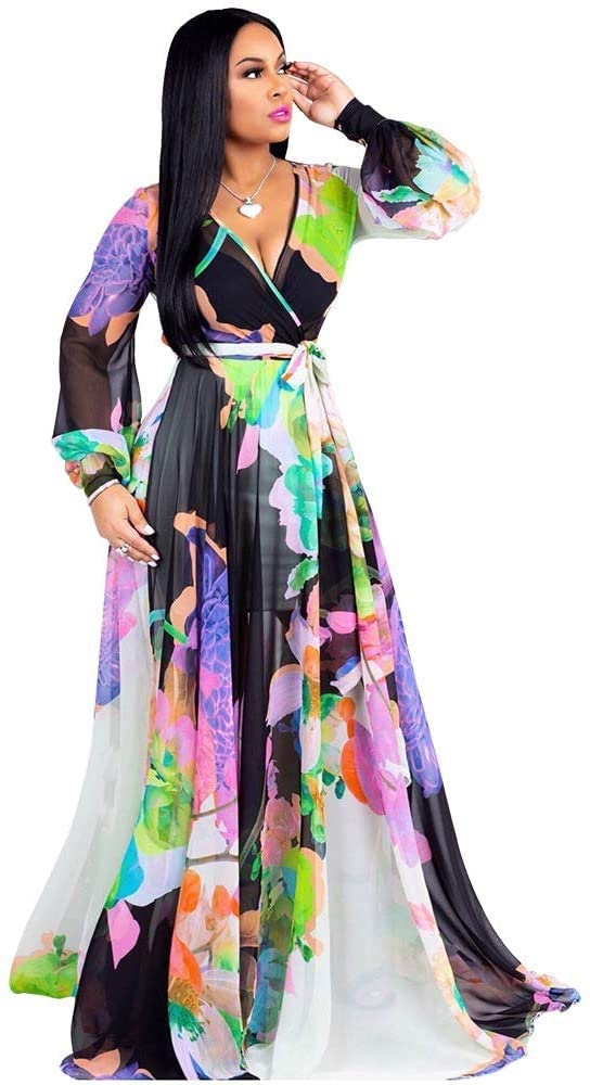 Nuofengkudu Womens Chiffon Deep V-Neck Stripe Printed Maxi Dress Unique Loose Summer Boho Dresses High Waiste(S-5XL)