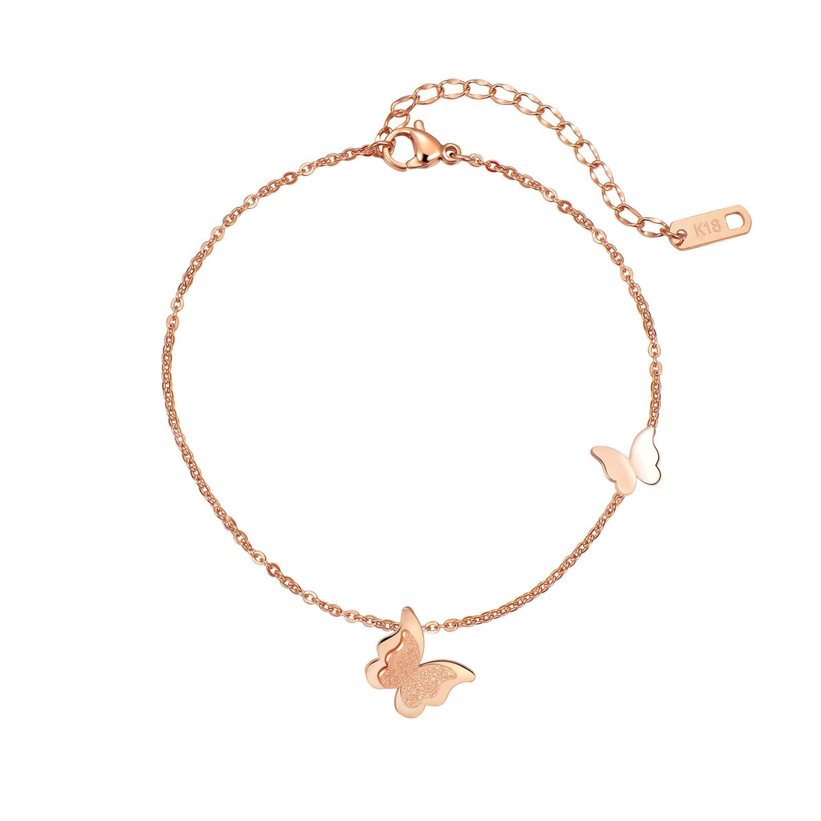 Cavigliera da donna impermeabile oro rosa 14 K 585, oro rosa Au585 opaco doppia farfalla cavigliera con glitter estivi spiaggia sandali nudi gioielli bracciale bracciale 25 cm di lunghezza