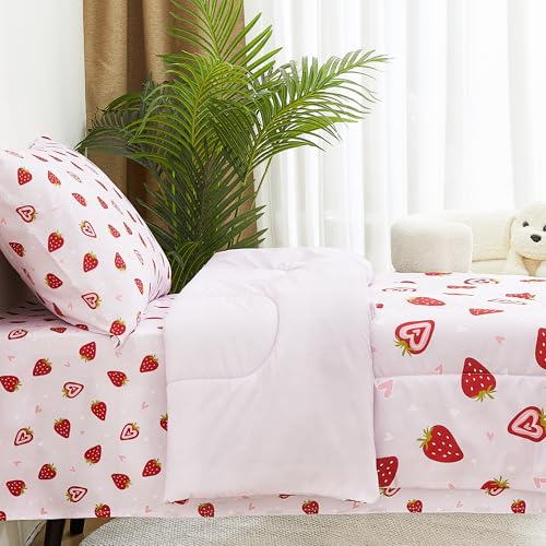 Image of lasoftan Toddler Bedding Set, 4 Piece Bed-in-a-Bag Toddler Bed Comforter Sets for Girls, Toddler Bed Set, Prink Strawberry Printed, Machine Washable