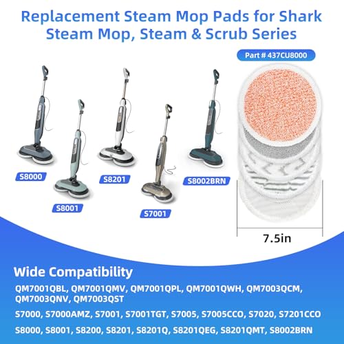 Image of VIEWALL Steam Mop Pads Replacement for Shark S8002BRN S8001 S8000 S8200 S820 S8201 S7001 S7201 S7000 S7005 S7020 S7001 S7020 7001 S7201 QM7001 Steam Scrub, Dirt Grip Soft Washable Scrub Pads 8 Pack