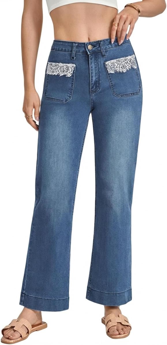 Womens Wide Leg Jeans High Waisted Stretchy Baggy Denim Pants Straight Leg Casual Trendy with Lace Patch Pockets