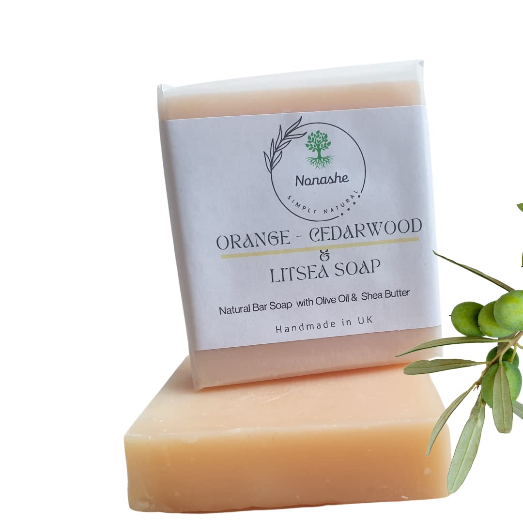 Nonashe Handmade Cleansing Soap With Olive Oil,Shea Butter,For All Types Skin,Natural Ingredients,Vegan & Palm Oil Free,Face & Body Soap for Women & Men.(Orange,Cedarwood & Litsea,50g)