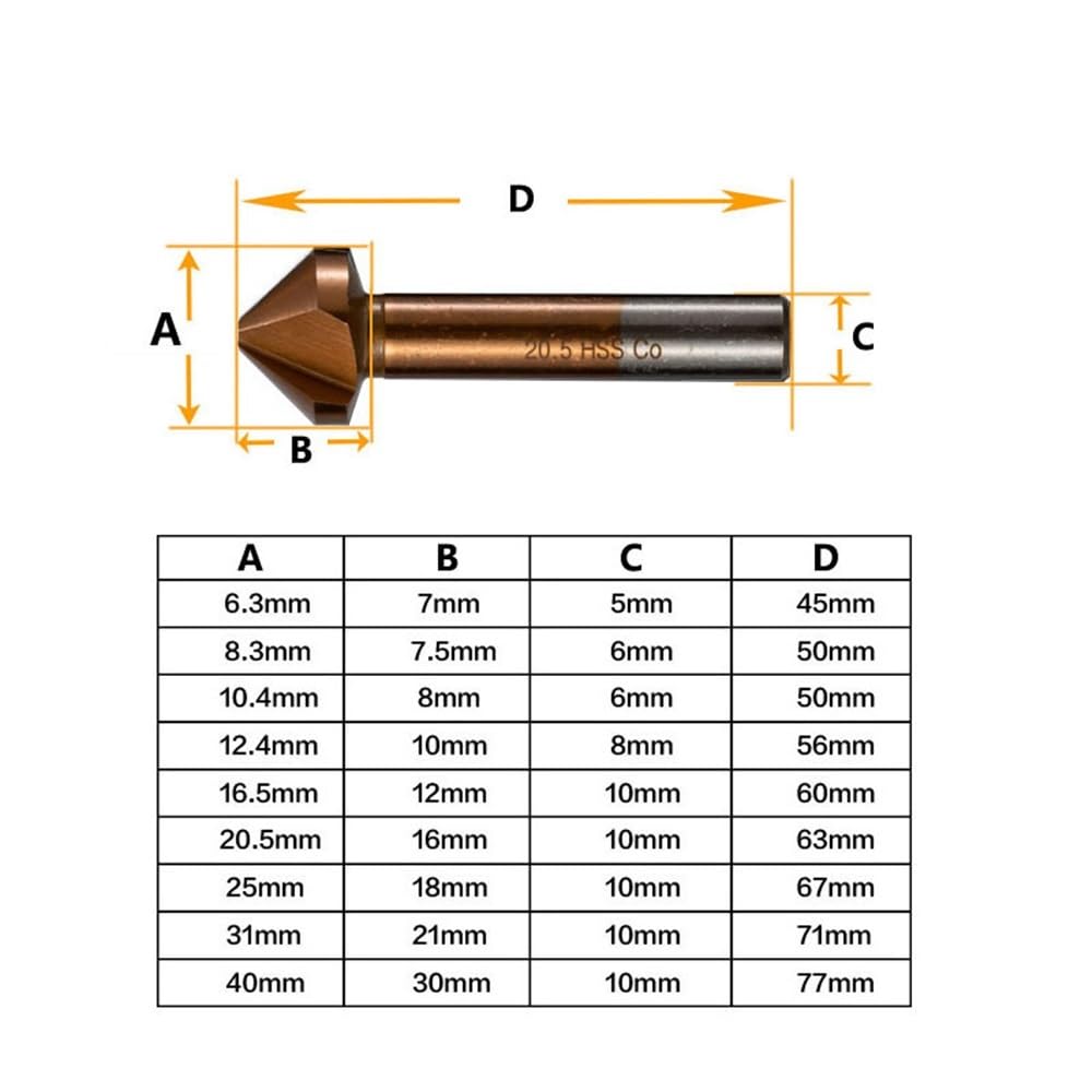 Foret d'alésage à fraise en Cobalt M35, fraise à chanfrein d'ébavurage 3 cannelures 90 °, foret for le travail des métaux en acier inoxydable 1 pièce(12.4mm)