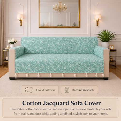 Image of STITCHNEST 'Verdant Phool Stories' 2 Seater Sofa Cover | Full Coverage with Armrest Pockets | Elegant Jacquard Fabric, Decorative Tassels, Washable & Durable for Modern Living