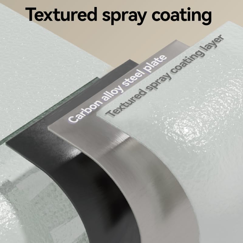Diagram illustrating the layers of the safe's construction: carbon alloy steel plate and textured spray coating