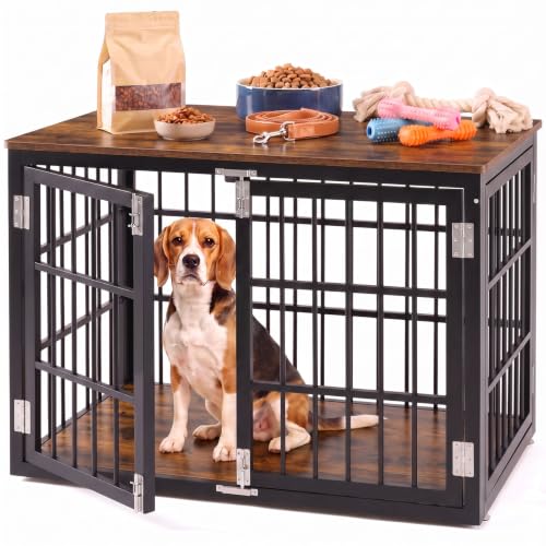 Image of NEWBULIG 42 Inch Dog Crate Furniture for Large Dogs, Space Saving Pet House End Table with Double Lock Door, Heavy Duty Indoor Kennel for Living Room, Black & Rustic Wood