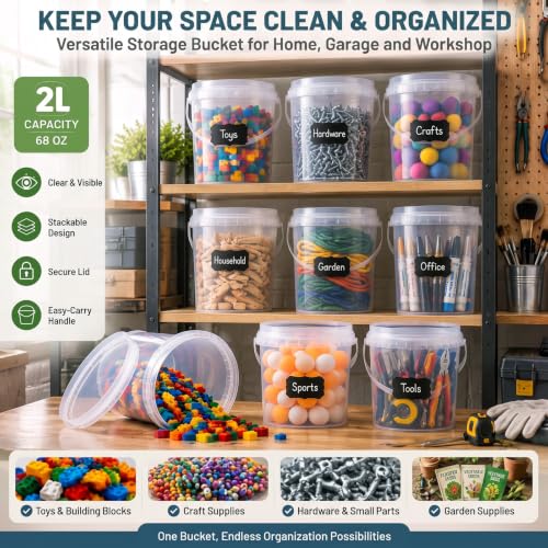 Image of Maxcheck 30 Pcs Plastic Bucket with Lids and Handles Bulk, 68oz, Clear