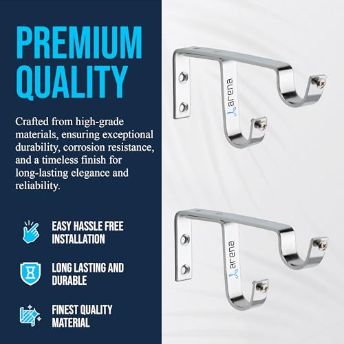 Image of Arena Designer Double Curtain Bracket Rod Supports for Doors and Windows with Chrome Finish for 1 Inch Pipe with Curtain Pipe Cap Double Rod Holder for Wall (Pack of 10)