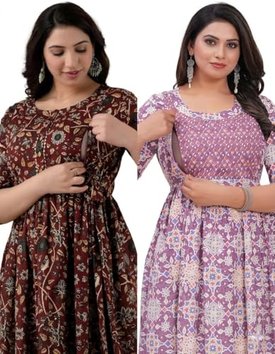 Image of Women's Maternity Kurti for Feeding Zippers |Easy Breastfeeding Kurti for Nursing Pre and Post Pregnancy (Combo of 2 Kurti)