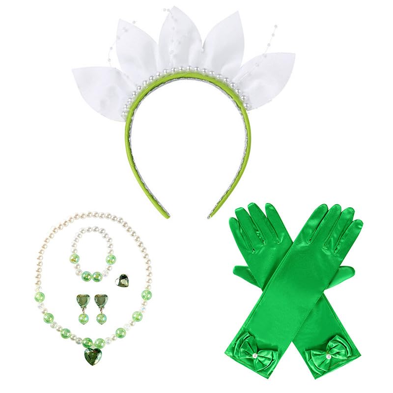 ALUNME Women's Halloween Princess Costume Accessory Set, Flower Headband, Green Gloves & Necklace - Image 2
