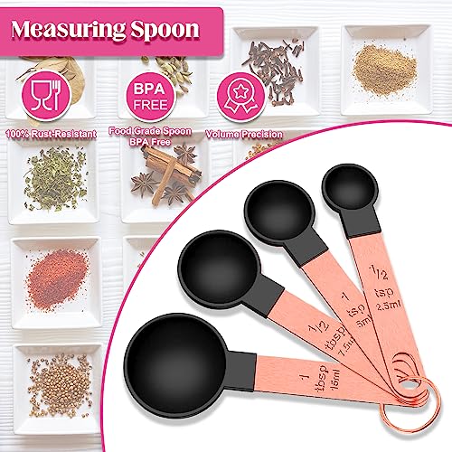 8Pcs Measuring Cups And Spoons Set, Stackable Measure Cups And Measuring Spoons With Rose Gold Stainless Steel Handle, Kitchen Gadgets For Dry Or Liquid Ingredients Cooking And Baking (Black) #TOP3