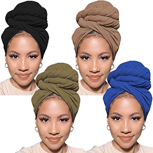 PWEOUKE 4 Pieces Jersey Turban Head Wraps Urban Stretch Solid Color Knit Headwrap for Black Women Fashion Headband for Braids Dreadlocks