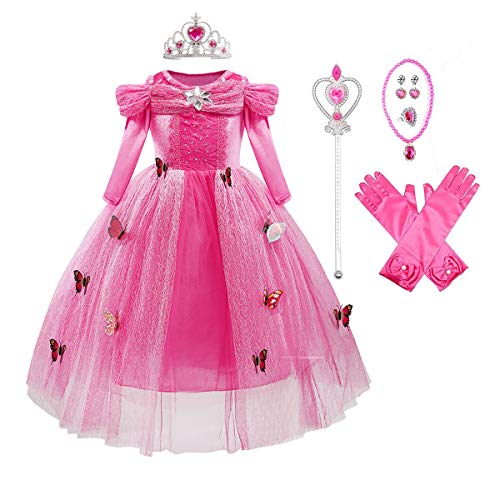 MYRISAM Disfraz Cenicienta Niña Princesa Manga Larga Cinderella Dress Traje de Carnaval Halloween Navidad Fiesta Cumpleaños Aniversario Cosplay Mariposa Costume Con Accesorios 6-7 años Cover