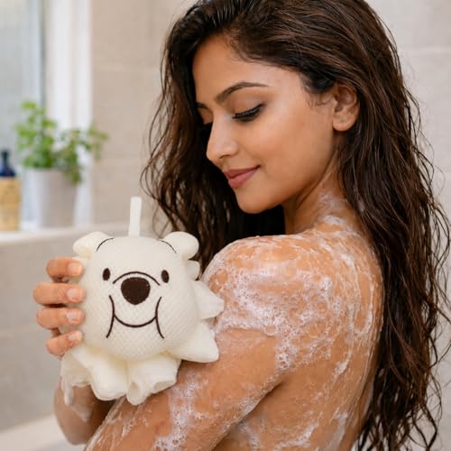 Image of Luxe Home International Bath Sponge For Kids And Adult Microfibre Soft Shower Loofah Panda Pattern Gentle Skin Exfoliating Body Scrubber For Toddler Cream 10x12cm Pack Of 1