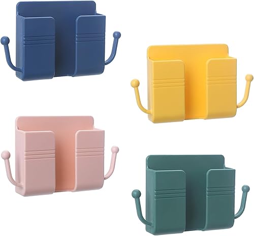 4Pcs Wall Mount Phone Holder Adhesive Wall Phone Mount Charging Stand and Remote Control Stand Multipurpose Socket Pocket Universal Deck Storage Box