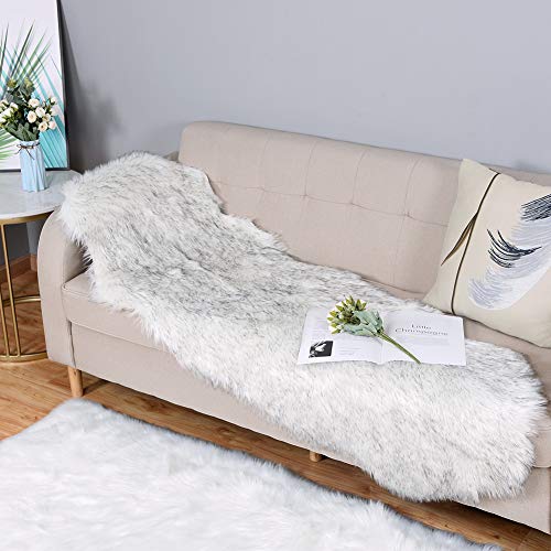 Carvapet Luxury Soft Faux Sheepskin Area Rug for Couch Seat Bedroom Living Room, Plush Fake Fur Runner with Non Slip Backing 2 x 6 Ft Black White Decorative Floor Rug for Sofa Bench Bedside
