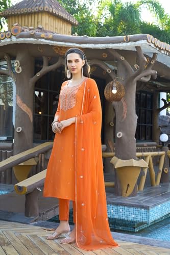 Image of GoSriKi Women's Cotton Blend Embroidered Kurta Set with Pant & Dupatta - Straight Calf‑Length, 3 /4 Sleeve, Round Neck - Elegant Ethnic Attire (5 Colors, S-5XL)