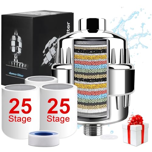 Aettechgd Shower Filter, 25 Stage Shower Head Filter for Hard Water, Latest Advanced Shower Head Filters, with 3 Filter Cartridges, for Removing Chemicals, Chlorine, Pesticides and More(Chrome)