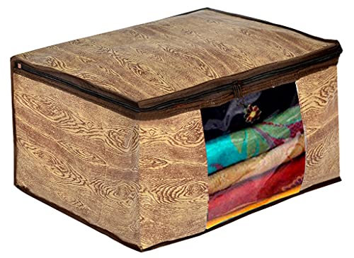 Image of Heart Home Wooden Print 8 Piece Non Woven Fabric Saree Cover /Clothes Organiser For Wardrobe Set with Transparent Window, Extra Large (Brown)