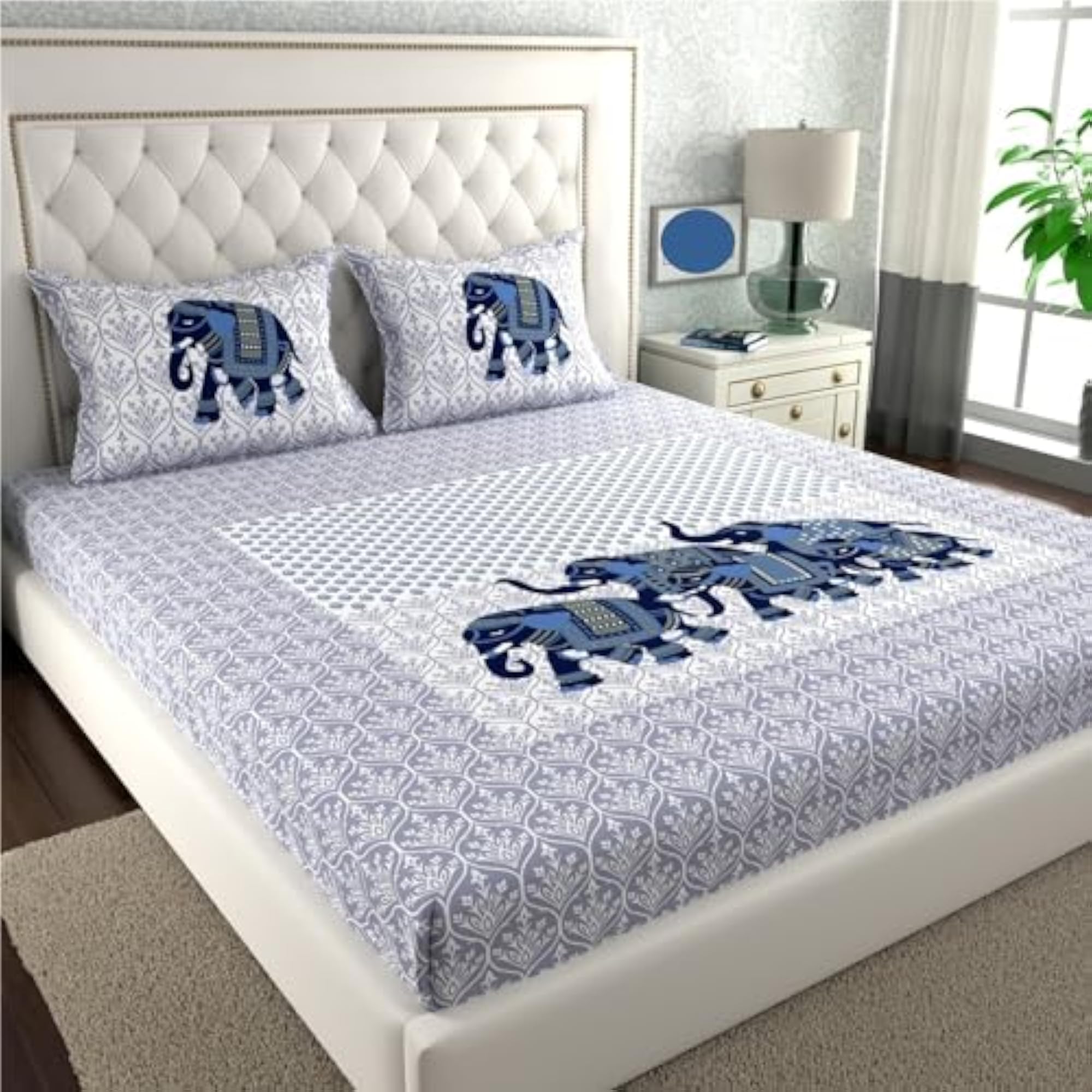 Jaipuri Printed 100% Pure Cotton 160 TC Bed Sheet Set for Double Bed King, Elephant Pattern