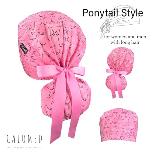 Image of Scrub Cap for Women and Men, Ponytail Scrub Caps, Working Hat, Head Cover with Ribbon Ties and Buttons, Long Hair