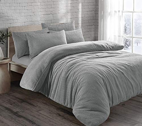 Teddy Bear Fleece Thermal Warm Cosy Soft Fur Duvet Cover Set With Pillow Cases (Silver, Double)