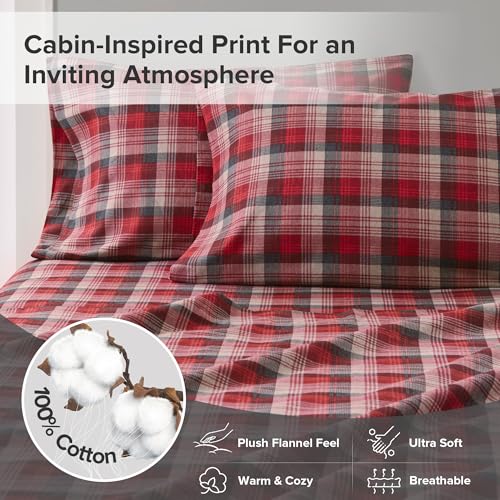 Image of Woolrich Cotton Sheet Set Cottage Charms Print, 100% Cotton Flannel Sheets Warm & Fuzzy Bedding Set Twin Size Sheets, Fitted Pocket Fits Up to 12 inch Mattress, Twin Red Plaid 3 Piece