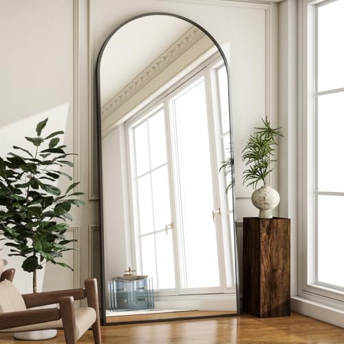 Image of Arch Top Full-Length Mirror | Floor Standing or Wall Mounted | Minimalist Design in Gold, Black & Silver | Oversized Mirror for Bedroom & Entryway (Black, 160x60cm)