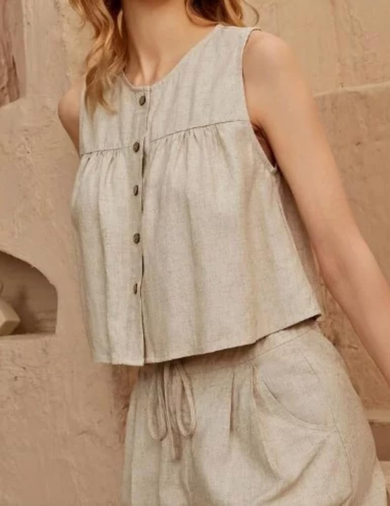 IDEALSANXUN Womens Crewneck Button Down Linen Tank Tops Spring Summer Sleeveless Shirts Blouse - Image 4