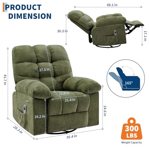 Image of 360 Swivel Rocking Recliner Chair with Vibration Massage & Heat, Oversized Rocker Recliner with Side Pocket for Living Room, Bedroom, Nursery & Small Spaces, Green
