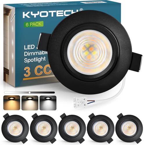 KYOTECH 3CCT Downlight LED Techo Empotrable Regulable 60-70mm, 5W 550LM 230V Ojos de Buey LED para Techo Extraplano, IP44 Foco Empotrable LED Techo para Baños, Negro 6 Pack