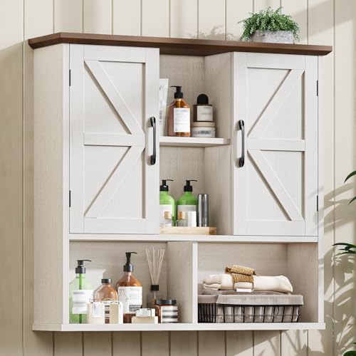 Image of Vabches Bathroom Wall Cabinet, Farmhouse Medicine Cabinet with Double Barn Door and Adjustable Shelves, Wooden Vintage Storage Cabinet Wall Mounted for Bathroom, Kitchen Dining, Rustic White