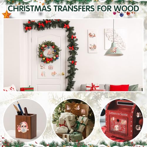 Image of ZMRU 24 Sheets Vintage Christmas Rub On Transfers for Crafts, Rub On Transfers Christmas for Wood,Furniture Decals, Glass, Porcelain, Leather, Canvas, Fabric Projects,3 * 3inch