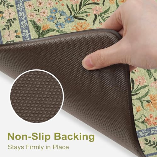 Collive Anti Fatigue Mat for Kitchen Floor, Green Floral Kitchen Mats for Floor Set of 2, Cushioned Waterproof Sink Rugs Non Slip Comfort Standing Rug for Office, Laundry, Desk