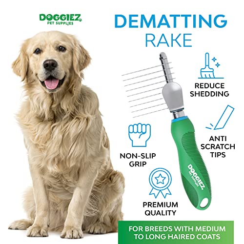 Doggiez Pet Supplies - Pet Dematting Comb for Dogs & Cats - Long Hair to Medium with Safety Edge Matted Fur Rake Blades - Undercoat Mat, Tangle & Knot Remover Grooming Tool - Detangler Rake Brush - Thumbnail 2