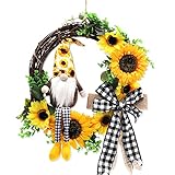 Distaratie Sunflower Wreath Front Door 15 Inch Artificial Gnome Decor with Buffalo Plaid Bow...