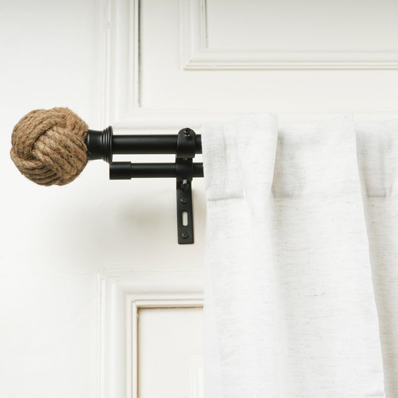 Image of 28 inch-48 inch Adjustable Double Curtain Rod For Door & Windows With Brackets Set Curtains Hanging Extendable Iron Metal Pipe Holder With Spool Jute Finial (Black, 0.75 inch Diameter)