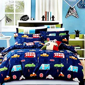 Printed Kids Bedsheet For Double Bed Queen Size-Cotton-90X100Inch With 2 Pillow Covers, Blue