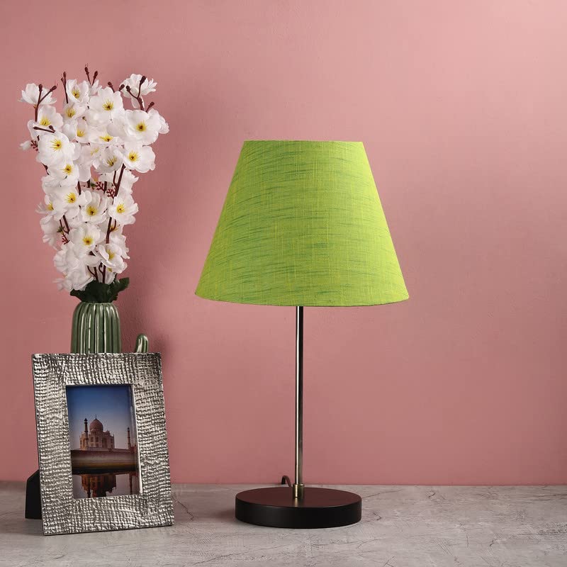 Image of Silver Table Lamp with Handmade Conical Green Texture Shade, Minimalist Design, for Couple Dinner /Coffee Table /Restaurant /Bedroom, On /Off Switch Long Wire