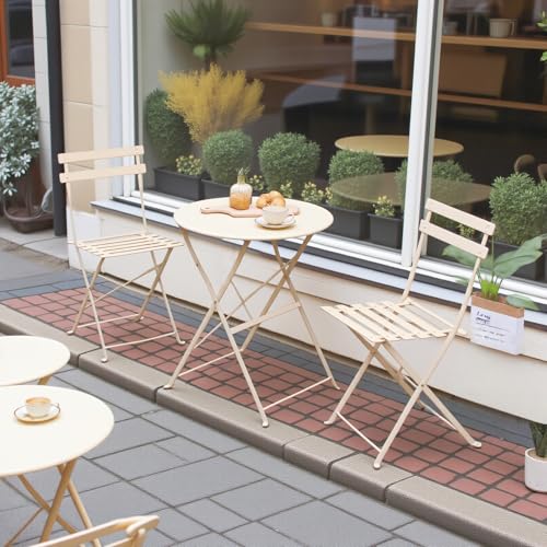 Garten Bistro Set Balkonset – 2 Stühle & Klapptisch Aus Metall, Beige, Retro-Design, Platzsparend Für Balkon & Terrasse