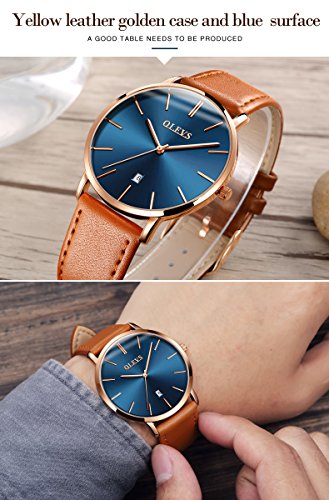 Image of OLEVS Men Leather Watches Black Ultra Thin 6.5mm Minimalist Dress Fashion Simple Casual Waterproof Date Watch for Men