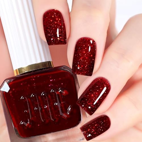Red Nail Polish, Glitter Nail Varnish, Diamond Glitter Quick Dry nail Polish No UV Lamp Curing, Chip Resistant, Non-Toxic, Long-Lasting for Women & Girls At-Home Manicure (20#Sparkle Red)