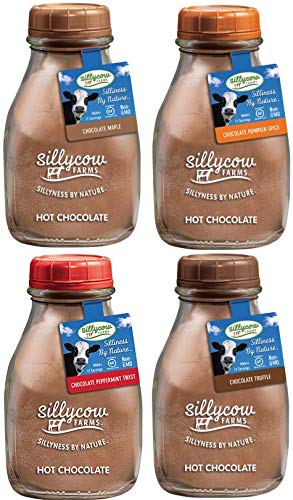 Sillycow Farms Hot Chocolate Variety Pack | Chocolate Truffle, Chocolate Maple, Peppermint Twist, Pumpkin Spice | Gluten-Free, Non-GMO, Dairy-Free | 16.9 Oz Reusable Glass Bottle - Pack of 4