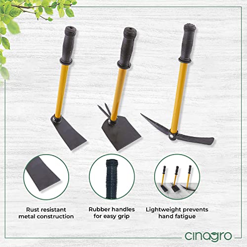 Image of Cinagro (Set of 3) Gardening Tool Set, Heavy-Duty Metal Construction, Rust-Free, Garden Hoe, Garden Tiller & Garden Hand Hoe with 2 Prongs (Yellow)