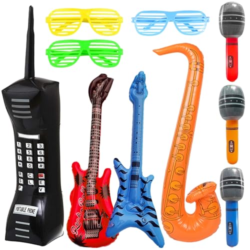 Aufblasbare Instrumente Party Ballons Set - 10 Stück Inflatable Musikinstrumente Zubehör Gitarre Mikrofon Saxophon Mobiltelefon, Rock Star Toy für Konzert Tanz 70er 80er Karaoke Deko